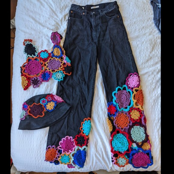 Levi's Pants - Custom Crochet Flower Set and Hat
